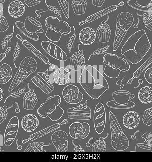 Nahtlose Bäckereistruktur. Handgezeichnete Teigkritzeleien. Café und Restaurant Hintergrund. vektor-Illustration. Stock Vektor