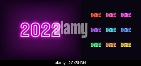 Umreißen Neon 2022 Jahr. Leuchtendes Neon 2022-Symbol, Zahlen in lebendigen Farben. Isolierte Ziffern mit violettem, blauem, rotem und gelbem Licht. Vektor-Symbolsatz, SIG Stock Vektor