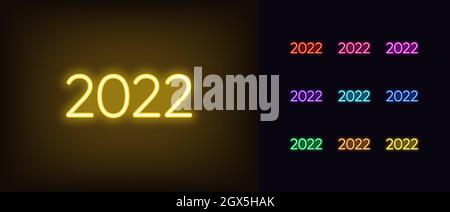 Umreißen des Neon 2022-Symbols. Leuchtende Neon 2022 Jahre, Zahlen in lebendigen Farben. Isolierte Ziffern mit gelbem, blauem, rotem und violettem Licht. Vektor-Symbolsatz, SIG Stock Vektor