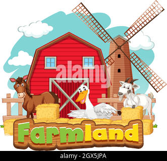 Farmland-Schild mit vielen Tieren und rotem Stall Stock Vektor