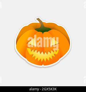 Ein Kürbis, der in ein Stickersymbol mit Laternen geschnitzt wurde. Abnehmbarer Verlaufshintergrund. Für Halloween-Party-Einladungen, Werbebanner, Verkäufe. Stock Vektor