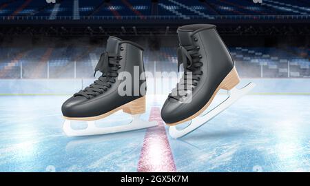 Leere Eislauffläche schwarze Schlittschuhe Hintergrundmockup, Seitenansicht, 3d-Rendering. Leere bewegliche professionelle Schuhe für Eiskunstlauf-Mock-up. Klar w Stockfoto