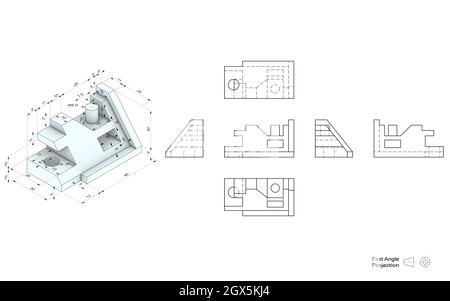 Technische Zeichnung eines 3D-Modells mit perspektivischer und orthogonaler Ansicht. Projektionsmethode für den ersten Winkel. Pädagogische Übung zum Lernen. Stockfoto