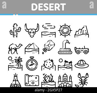 Desert Sandy Landscape Collection Icons Set Vektor Stock Vektor