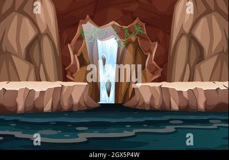 Wunderschöne Wasserfall-Höhlenlandschaft Stock Vektor