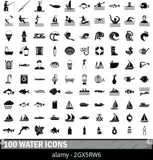 100 Wasser Symbole in einem einfachen Stil eingerichtet Stock Vektor