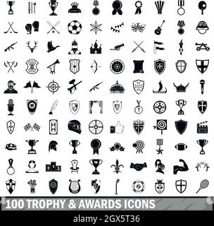 100 Trophy und Auszeichnungen Symbole in einem einfachen Stil eingerichtet Stock Vektor