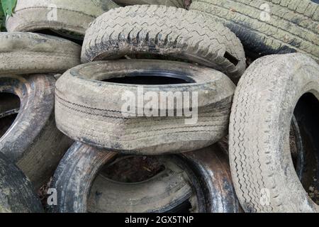 Ein Haufen alter weggeworfener Reifen, die aus dem Clinton River in Sterling Heights, Michigan, USA, gezogen werden mussten. Stockfoto