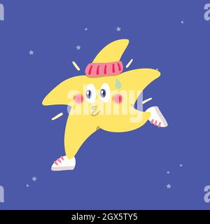 Cartoon Runner Star mit Turnschuhen, die Sport treiben. Flache Vektorgrafik Stock Vektor