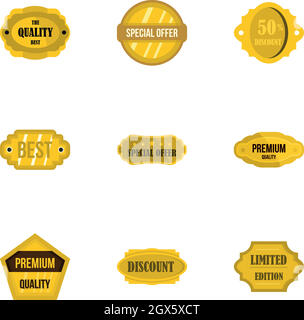 Hochwertiges goldenes Abzeichen-Set mit Symbolen, flacher Stil Stock Vektor