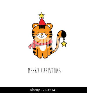 Weihnachtskarte. Niedlicher Tiger im Neujahrskostüm mit Sternen auf weißem Hintergrund. Symbol des neuen Jahres Stock Vektor