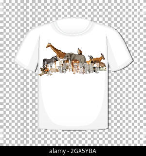 Wild Animal Group Design auf T-Shirt isoliert auf transparentem Hintergrund Stock Vektor
