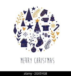 Handgezeichneter Satz Weihnachtselemente in Blau und Gold auf weißem Hintergrund. Elemente zur Dekoration. Postkarte für weihnachten Stock Vektor