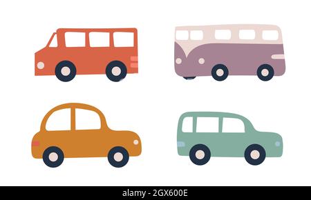 Set aus vier pastellfarbenen Autos auf weißem Hintergrund. Von Hand gezeichnet. Spielzeugautos für Design Stock Vektor