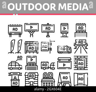Outdoor-Medien Werbung Promo Icons Set Vektor Stock Vektor