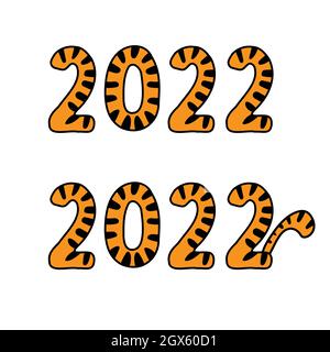 Große Tiger Zahlen 2022. Jahr des Tigers. Gestreift 2022. Festliche Neujahrskarte. Vektordarstellung auf weißem Hintergrund isoliert. Stock Vektor