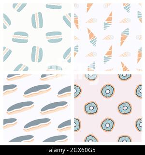 Handgezeichnete nahtlose Mustersammlung. Vector Süßwaren Texturen isoliert auf einem farbigen Hintergrund. Für Tapeten, Verpackungen, Poster, Karten oder andere Designs Stock Vektor