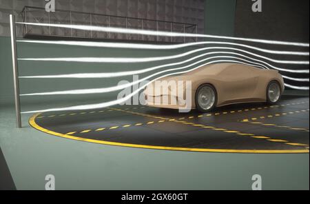 3D-Illustration eines imaginären Sportwagens. Konzeptioneller Prototyp im aerodynamischen Tunnel. Stockfoto