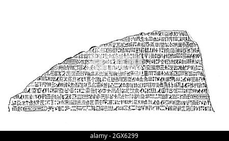 Hieroglyphen, die auf dem Stein von Rosetta geschnitzt wurden, der Schlüssel zur Dechelung der altägyptischen Schriften Stockfoto