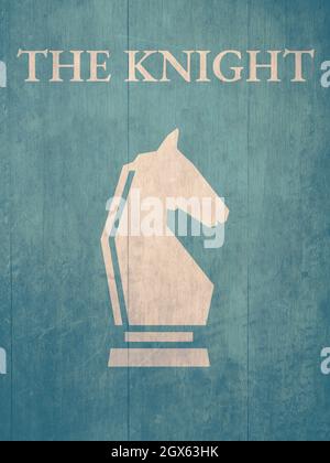 Silhouette von Knight Chess Stück und Name auf blauem Hintergrund mit strukturiertem Old und Vintage Poster Konzept. Sport und strategisches Spiel. Stockfoto