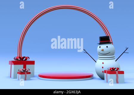 Minimale 3D-Winterszene mit rundem Podium, Bonbonbogen, Geschenkbox und witzigem Schneemann. Sockel für Weihnachten und Neujahr Weihnachtskonzept und Zeitschriften Stockfoto