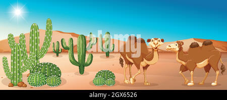 Zwei Kamele stehen im Wüstenfeld Stock Vektor