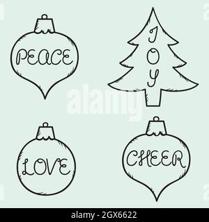 Handgezeichnete Weihnachtsdekoration. Feiertagselemente, Baum, Vintage-Ornamente. Winter-Neujahrsparty. Schwarz und Weiß. Stock Vektor