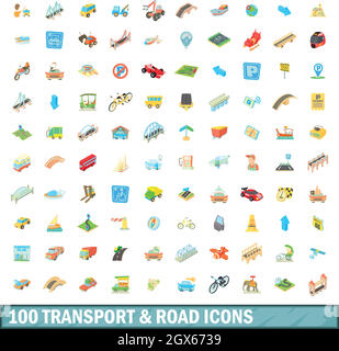 100 Transport- und Straße Icons set, cartoon-Stil Stock Vektor