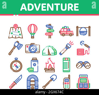 Adventure Collection Elemente Icons Set Vector Stock Vektor