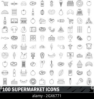 Supermarkt 100 Icons Set, Umriss-Stil Stock Vektor