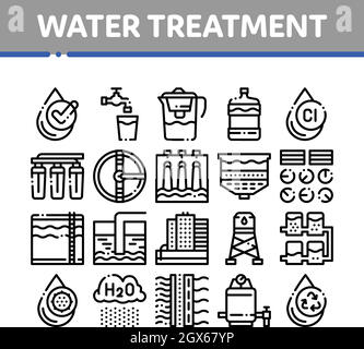 Wasseraufbereitung Reihen Vektor dünne Linie Symbole gesetzt Stock Vektor