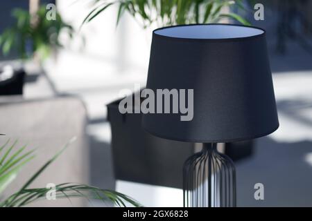 Nahaufnahme der modernen schwarzen Lampe, die das Innere des hellen Wohnzimmers mit grünen Pflanzen in Töpfen rundherum ergänzt. Stylische Details zu Hause. Elegante Accessoires. Stockfoto