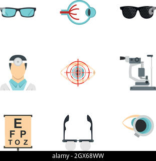 Optometrie Icons Set, flacher Stil Stock Vektor