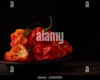 Die Stillleben von Scotch Bonnet Peppers mit hochauflösenden Lebensmittelzutaten auf einem einfachen Hintergrund Stockfoto