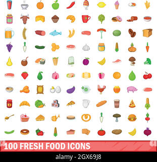 100 frische Lebensmittel Icons set, cartoon-Stil Stock Vektor