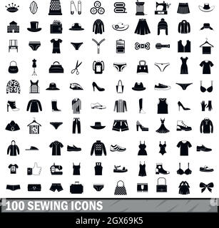 100 Nähen Icons Set, einfachen Stil Stock Vektor