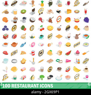 100 Restaurant Icons Set, isometrischen 3d Stil Stock Vektor