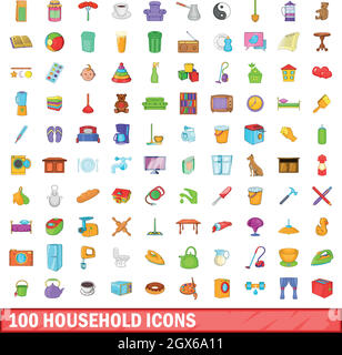 100 Haushalte Icons Set, Cartoon-Stil Stock Vektor
