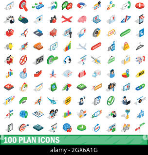 100 Plan Icons Set, isometrischen 3d Stil Stock Vektor