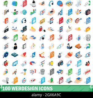 100 Webdesign Icons Set, isometrischen 3d Stil Stock Vektor