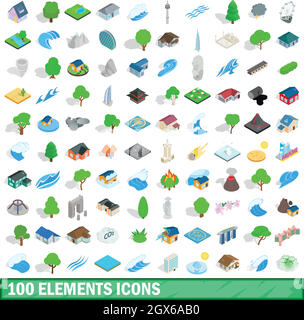 100 Elemente Symbole gesetzt, isometrischen 3d Stil Stock Vektor