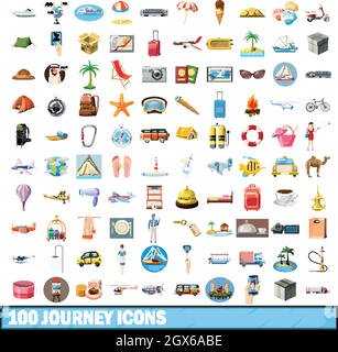 100 Reise Symbole, Cartoon Stil Stock Vektor