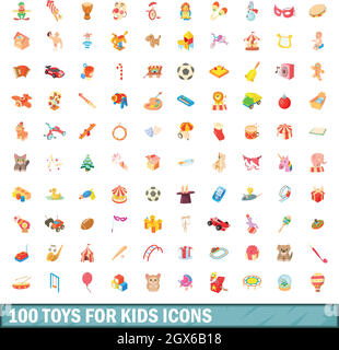 100 Spielwaren für Kinder Icons Set, Cartoon-Stil Stock Vektor