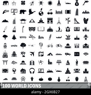 100 Welt Symbole gesetzt, einfachen Stil Stock Vektor