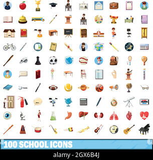 100 Schule Symbole, Cartoon Stil Stock Vektor