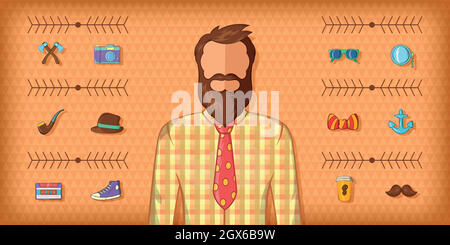 Hipster Mann horizontale Banner braun, Cartoon-Stil Stock Vektor