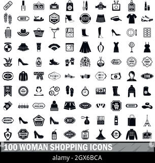 100 Frau shopping Symbole in einem einfachen Stil eingerichtet Stock Vektor