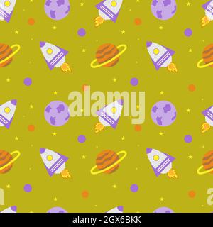 Weltraumrakete und Planeten mit Sternen auf gelbem Hintergrund. Weltraumforschung. Stock Vektor