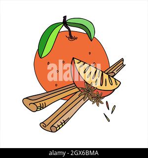 Vektor-Illustration von Orange mit orangefarbenem Keil und Zimt im Doodle-Stil. Stock Vektor