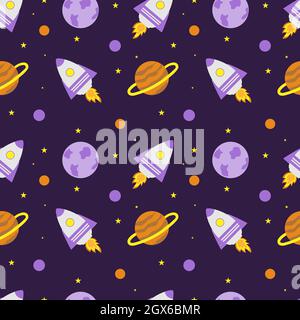 Weltraumrakete und Planeten mit Sternen auf violettem Hintergrund. Weltraumforschung. Stock Vektor